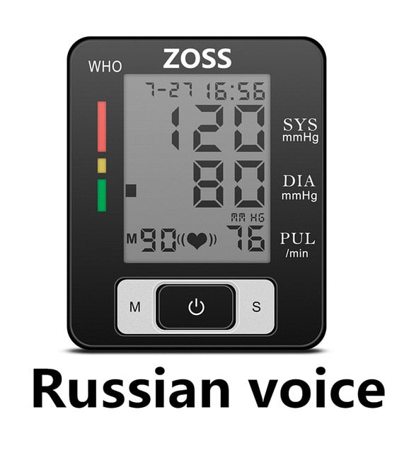 ZOSS  English or Russian Voice Cuff Wrist Sphygmomanometer Blood Presure Meter Monitor Heart Rate Pulse Portable Tonometer BP - faisal Brainx AC